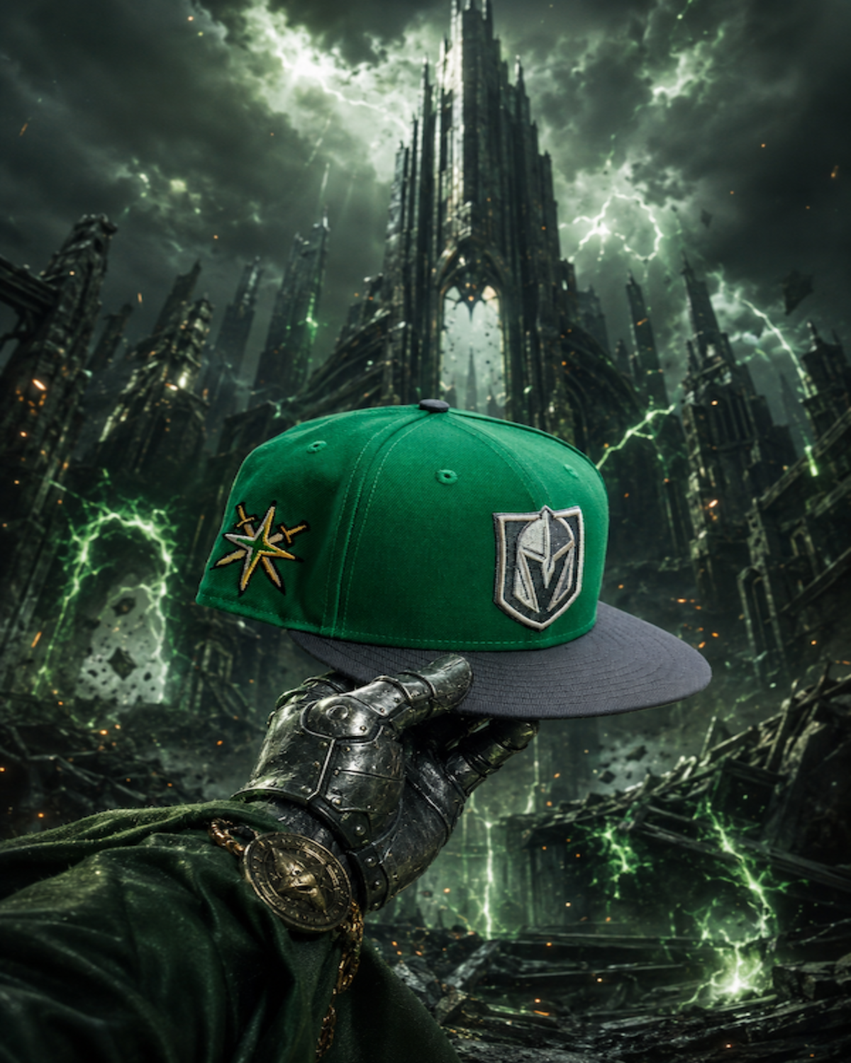 A green and gray baseball cap with embroidered logos, held by a armored hand against a dark fantasy cityscape background with lightning.