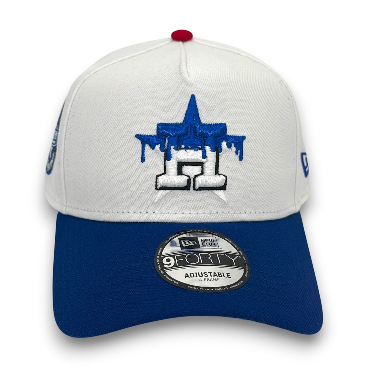 White and blue cap with a logo on a white background