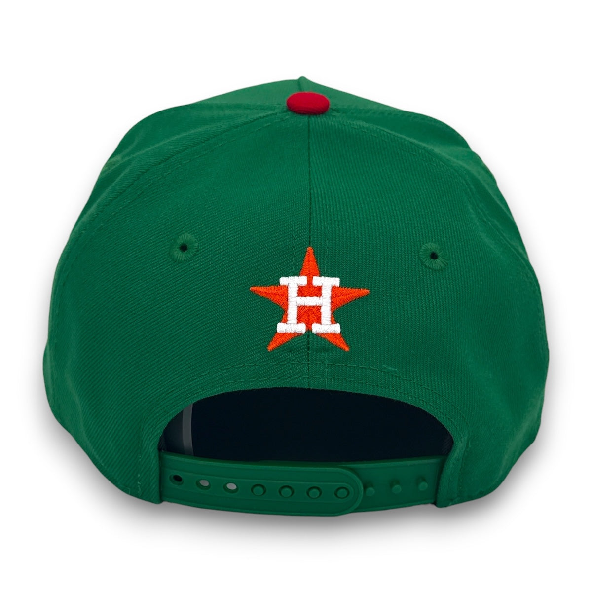 Green baseball cap with a logo on the back against a white background