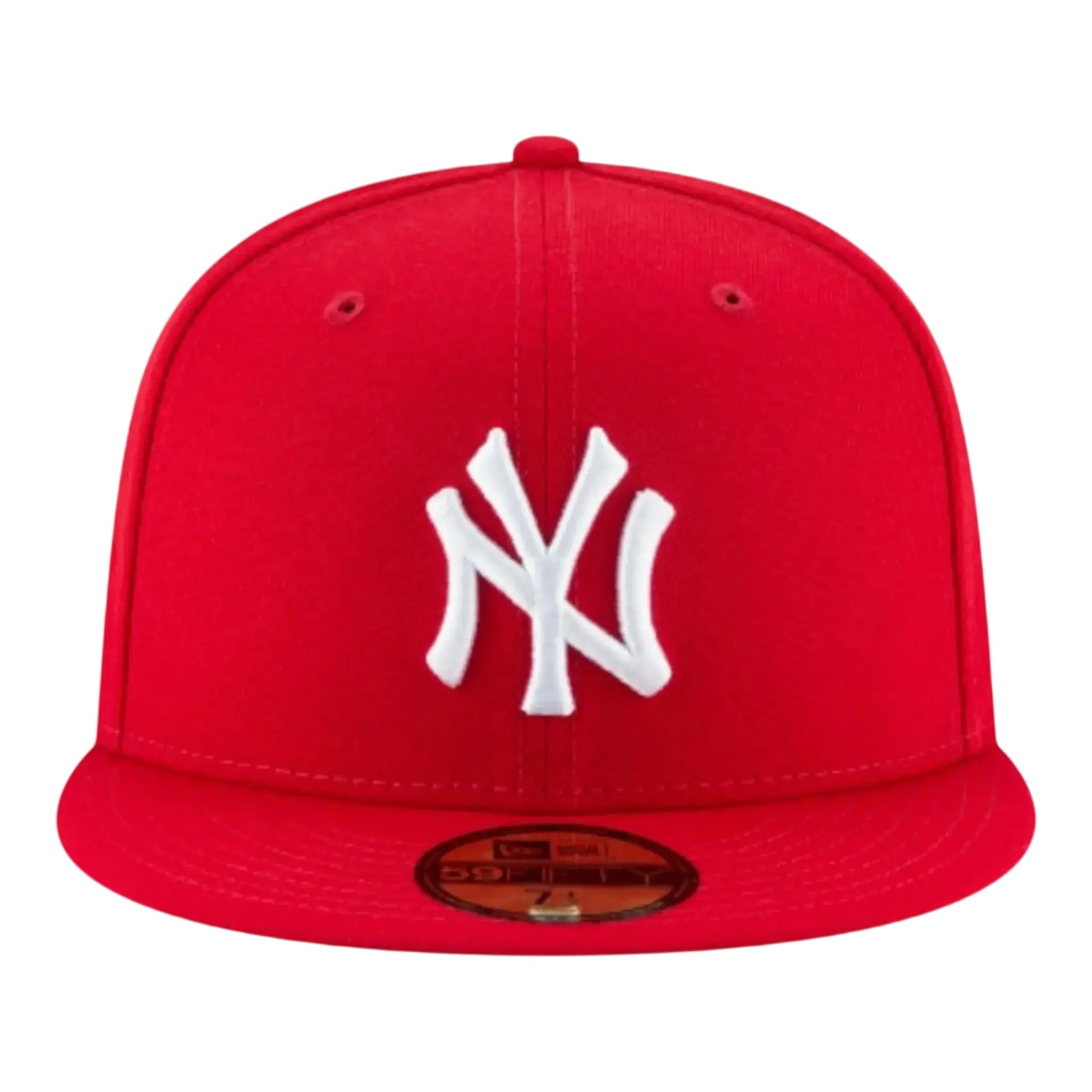 Red baseball cap with white logo on a white background