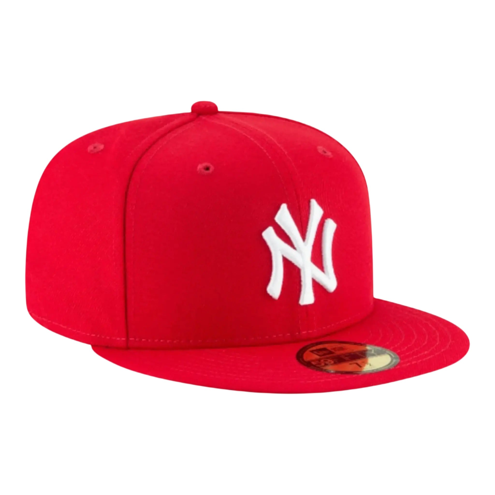 Red baseball cap with white logo on a white background