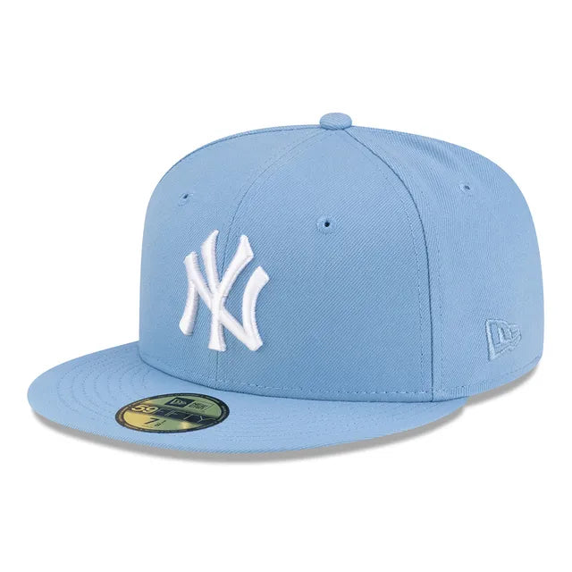 Light blue baseball cap with white logo on a white background