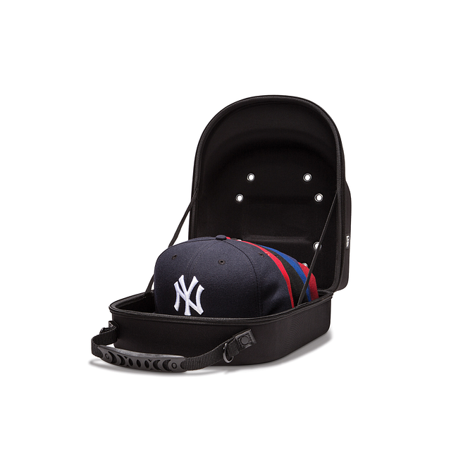 Black carrying case with a New York Yankees cap inside on a white background