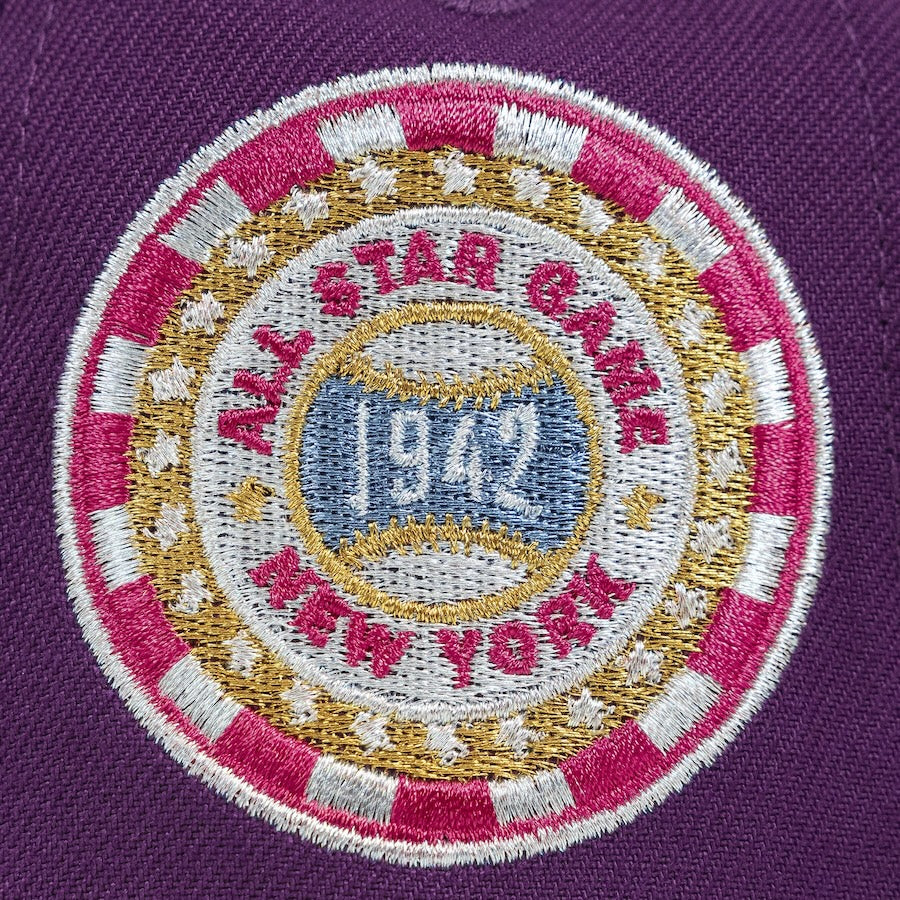 Embroidered patch on a purple background with 'All Star Game 1942 New York' text. The Pirates Brooklyn 42 ASG 59FIFTY Grape New Era Hat
