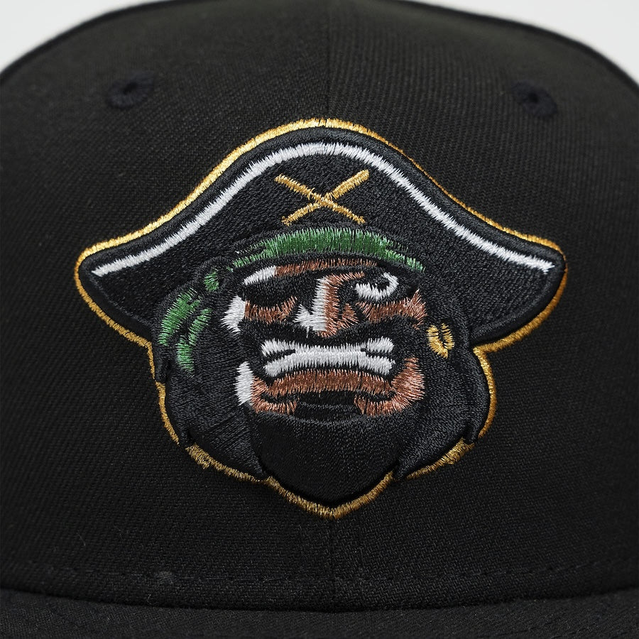 Black cap with a pirate-themed embroidered patch on a white background -Bradenton Marauders