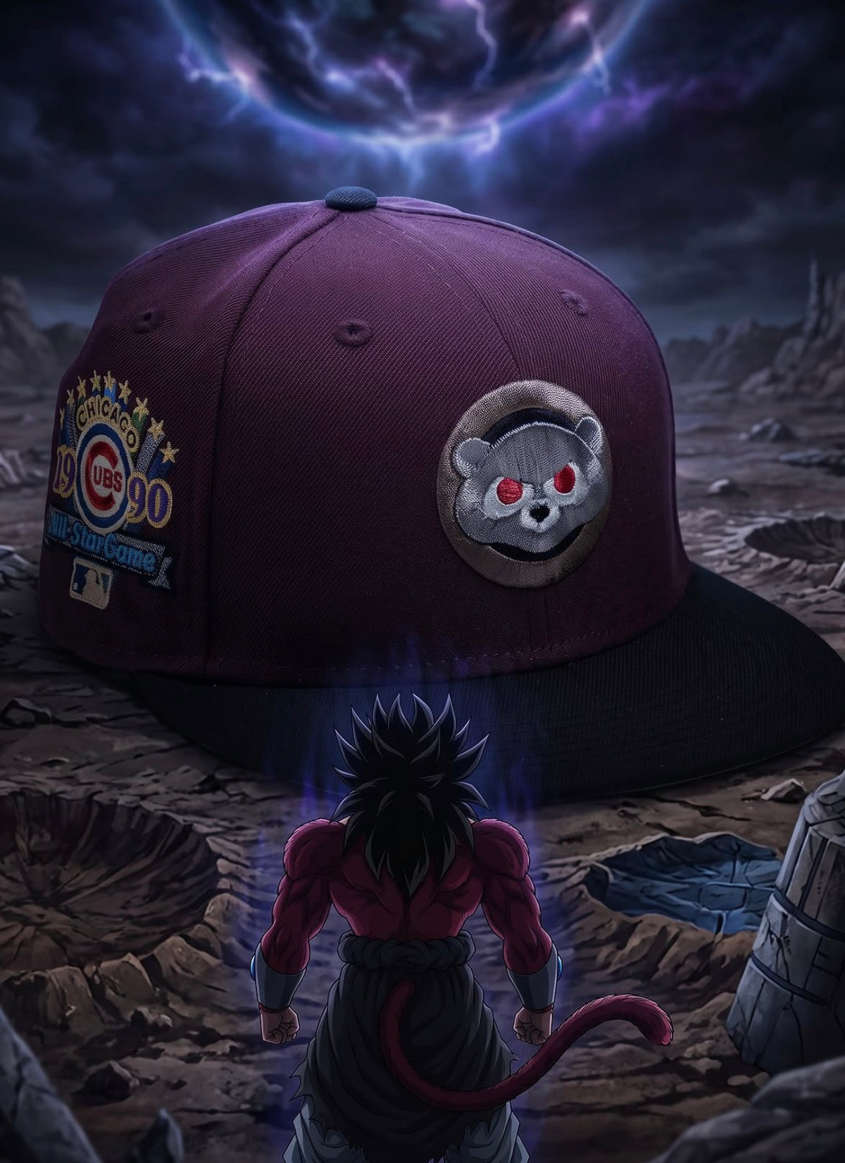 A large burgundy baseball cap with a black brim is shown in a dramatic fantasy scene. The cap has a circular patch with a gray bear face and a baseball patch on the side.