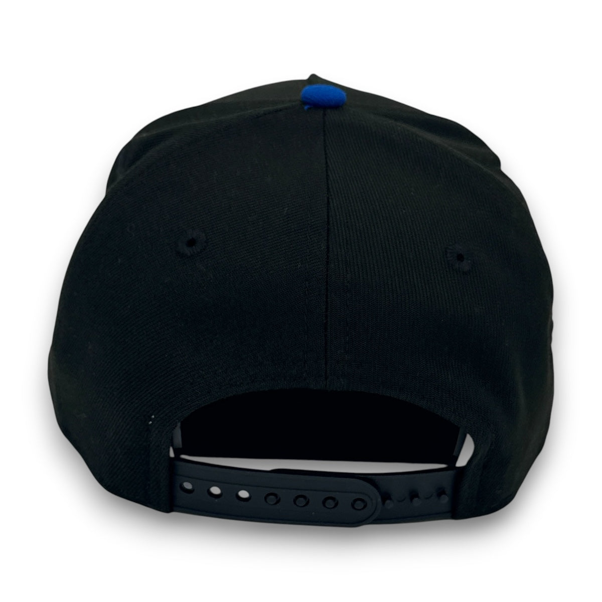 Black cap with a blue button on the back against a white background