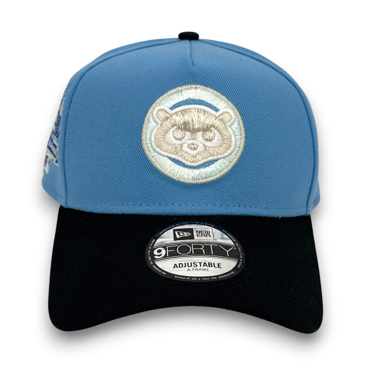 Blue and black cap with embroidered design on a white background