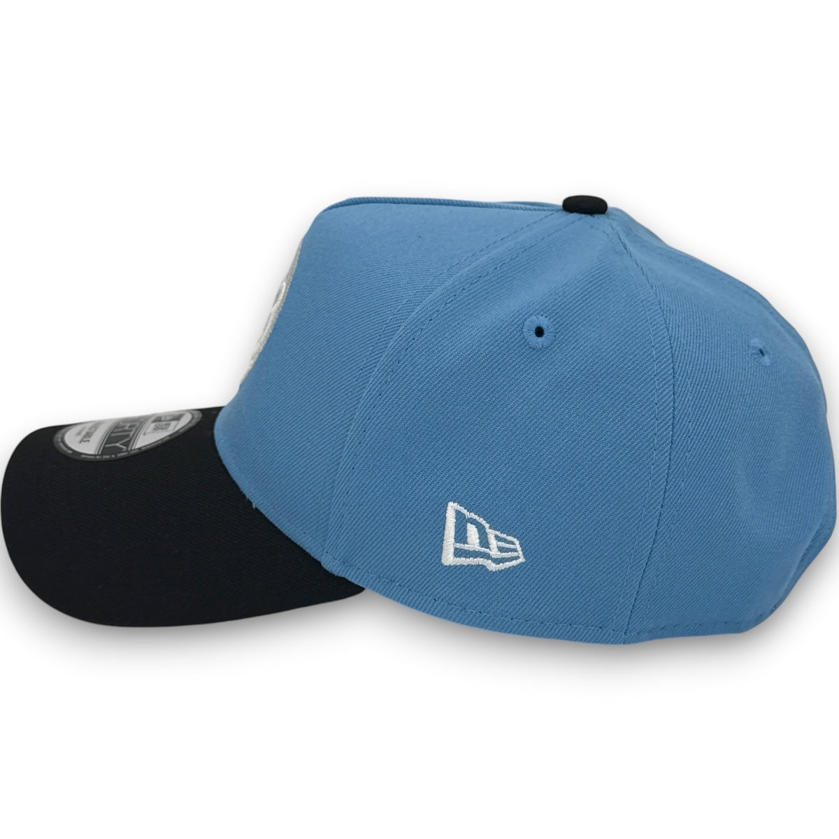 Blue and black baseball caps with New Era logo on a white background