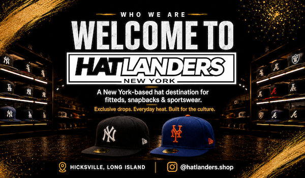 Promotional image for HatLanders New York with hats on a dark background