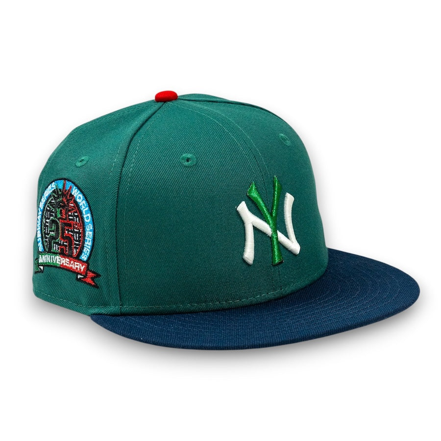 Green and blue baseball cap with logo and patch on a white background