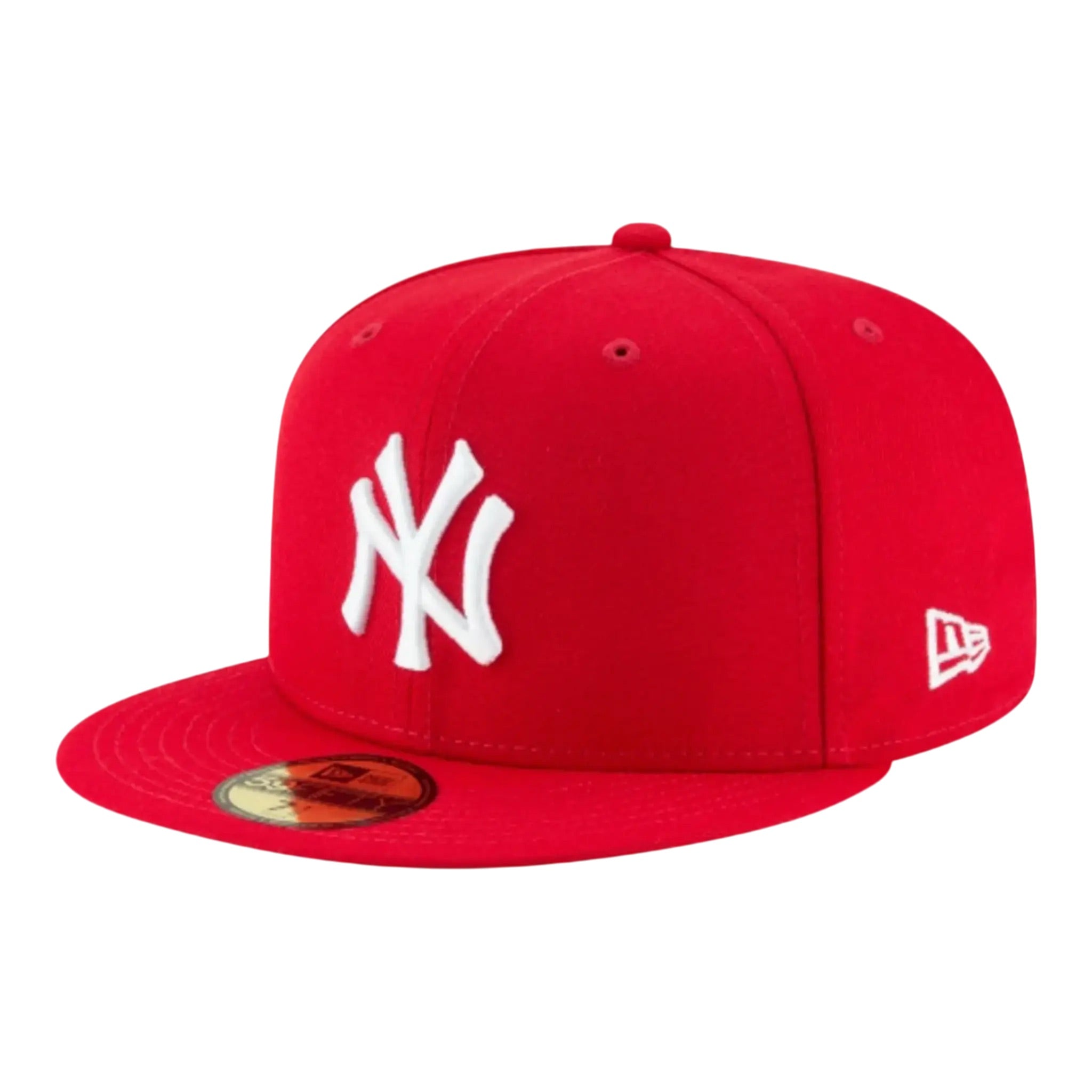 Red baseball cap with white logo on a white background