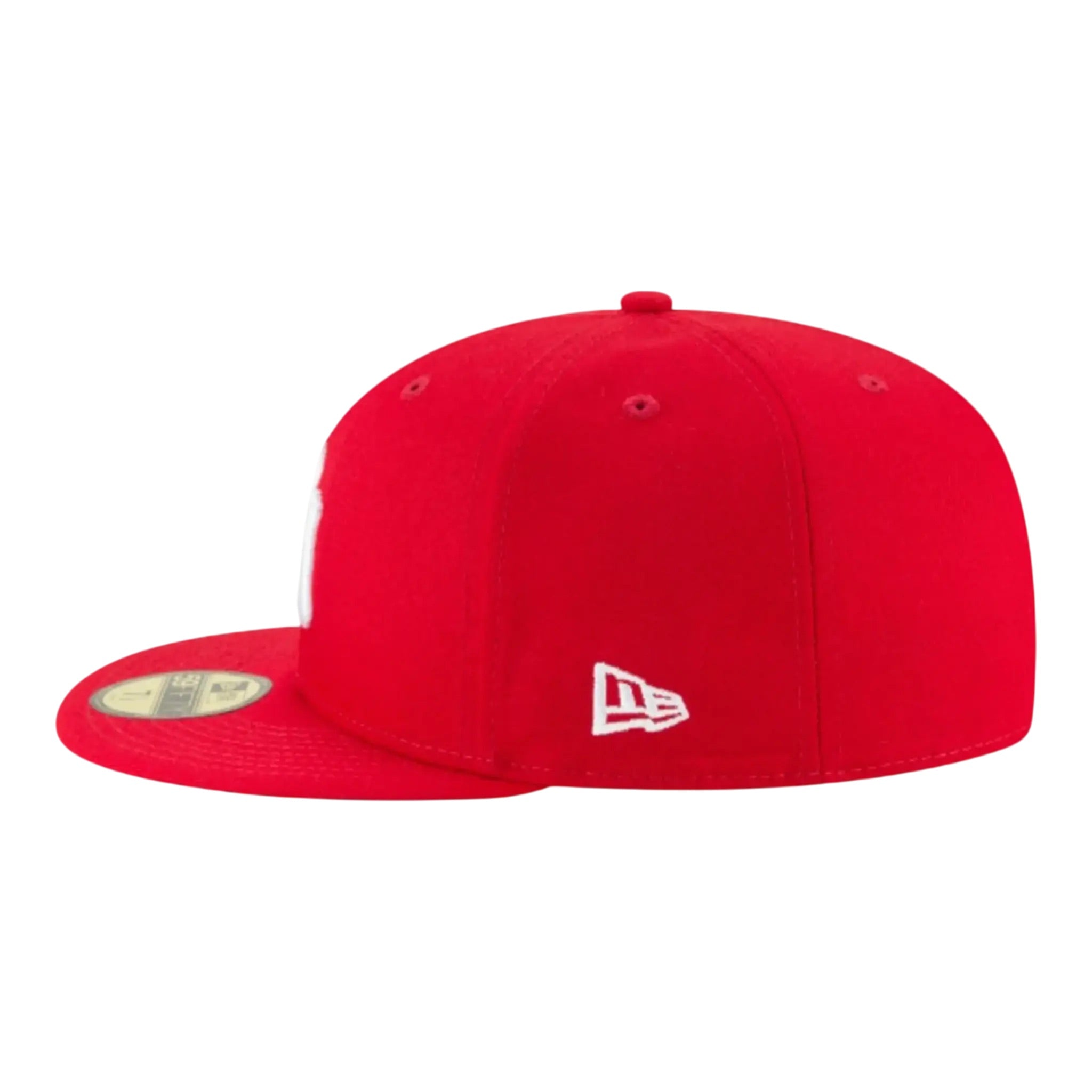 Red baseball cap with a New Era logo on a white background