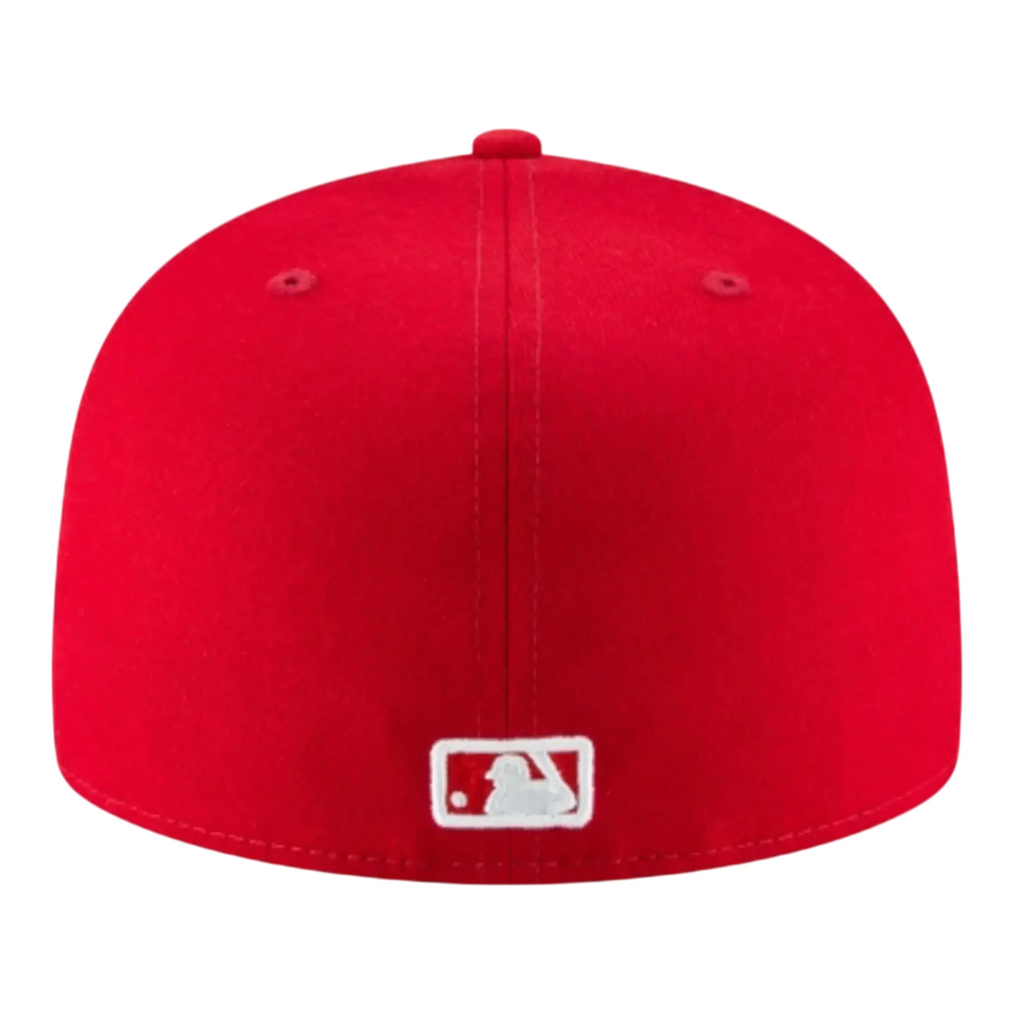Red baseball cap with a white logo on a white background