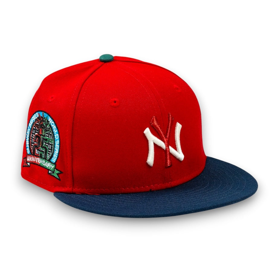 Red and blue baseball cap with a logo on a white background