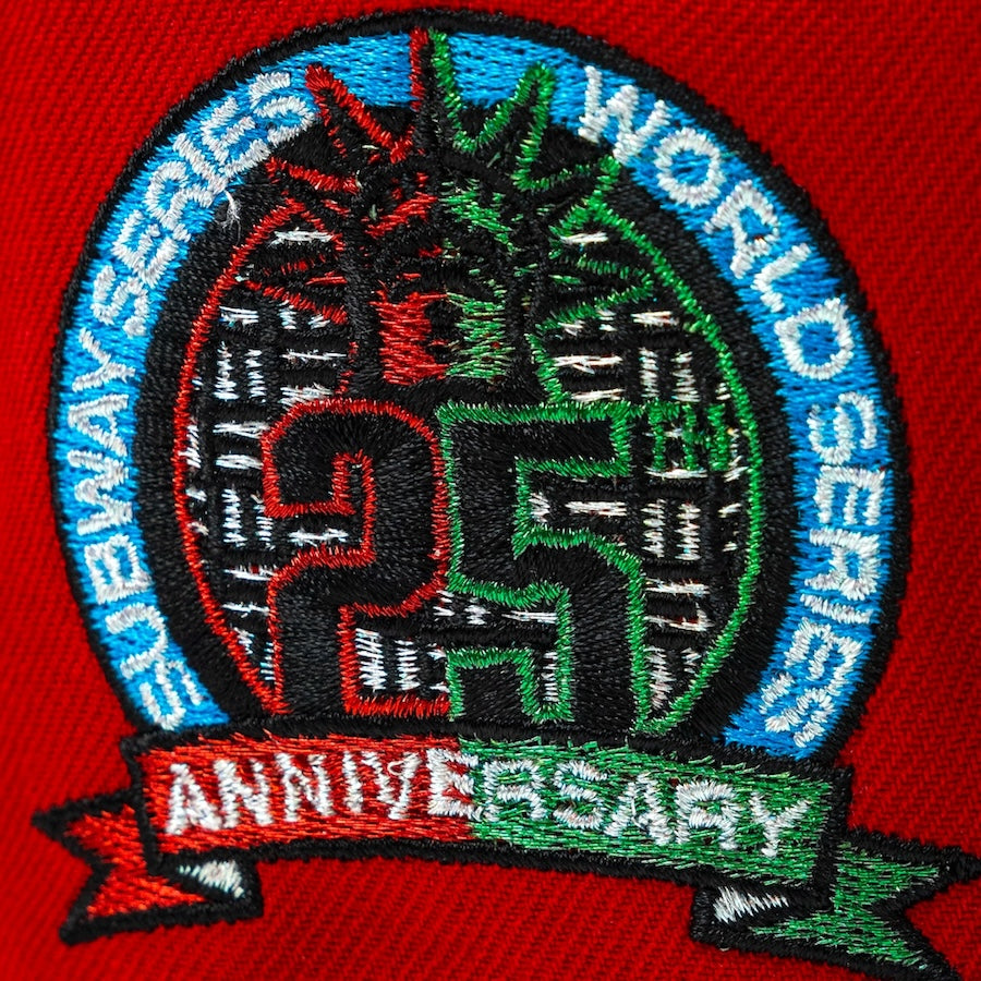 Embroidered patch celebrating the 25th anniversary of a World Series Subway Series event on a red background.