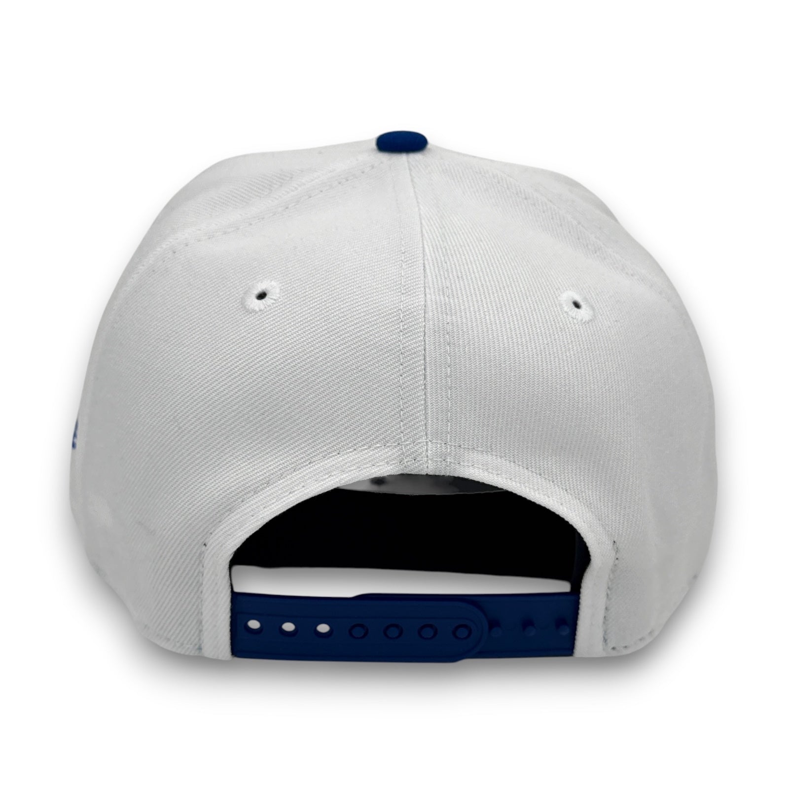 White cap with blue accents on a white background