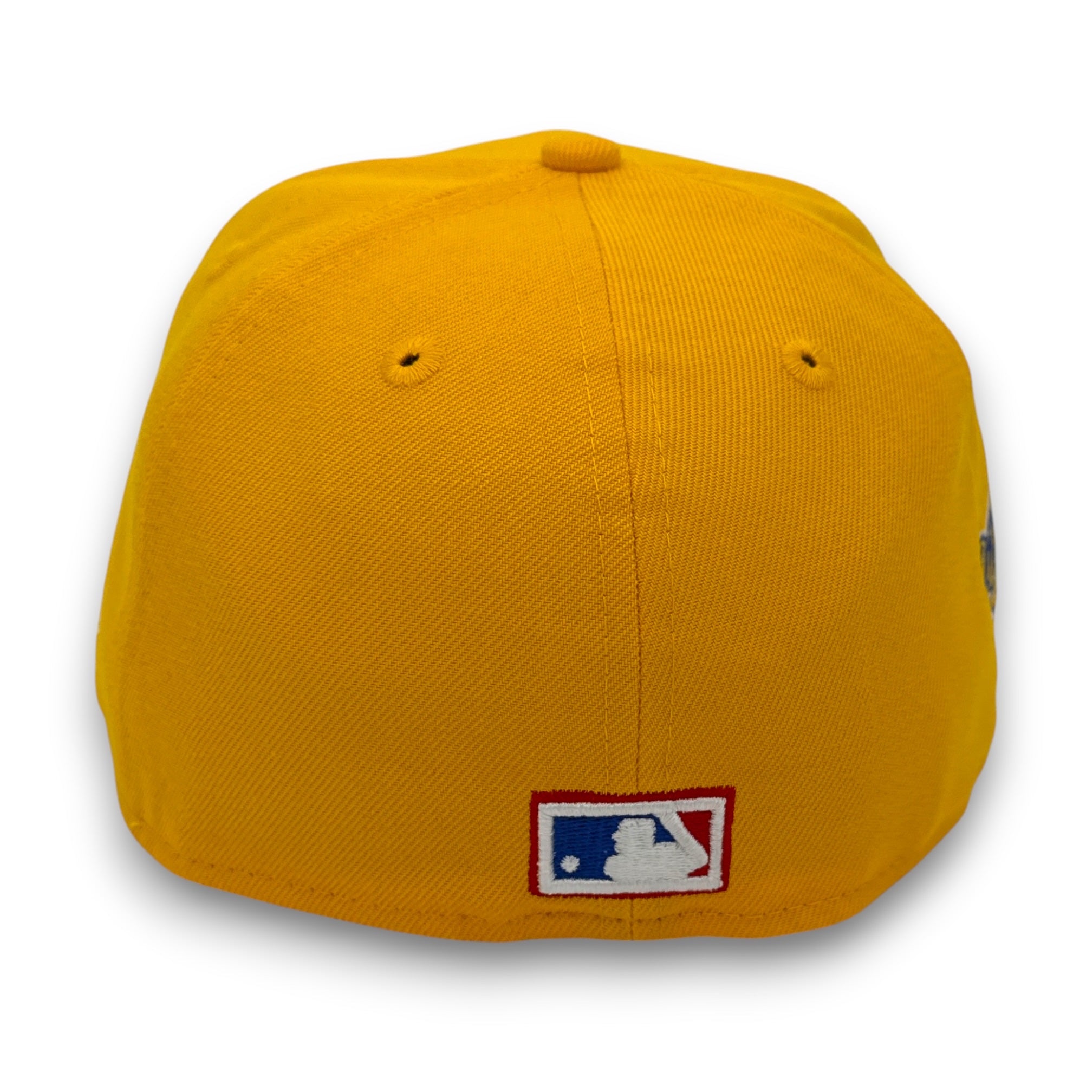 Yellow baseball cap with MLB logo on a white background
