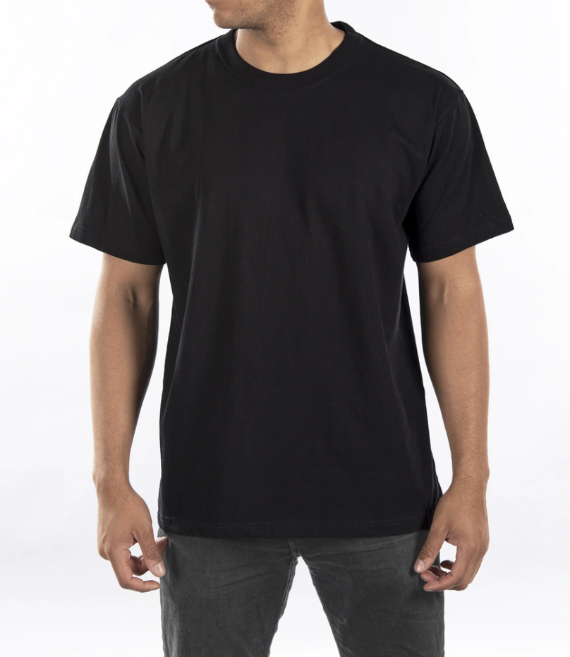 Person wearing a plain black crew neck t-shirt on a white background