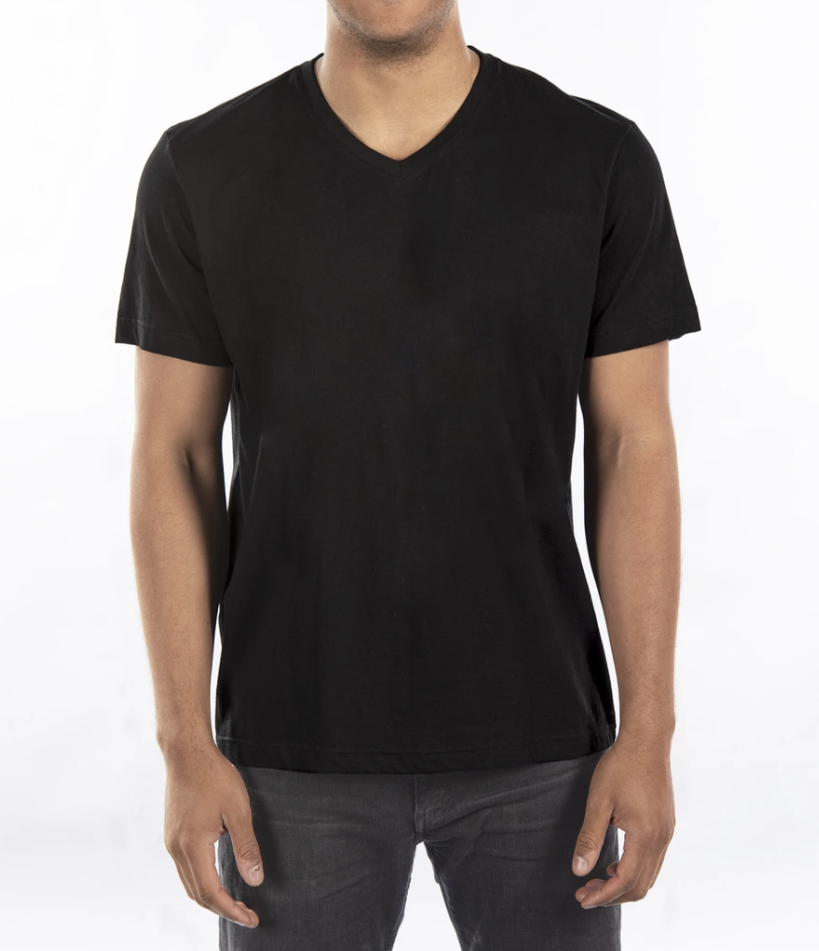 Person wearing a plain black v neck t-shirt on a white background