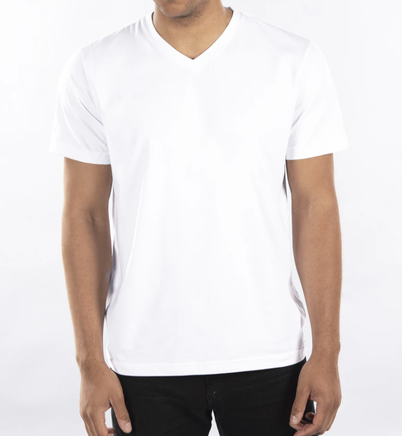 Person wearing a plain white v neck t-shirt on a white background