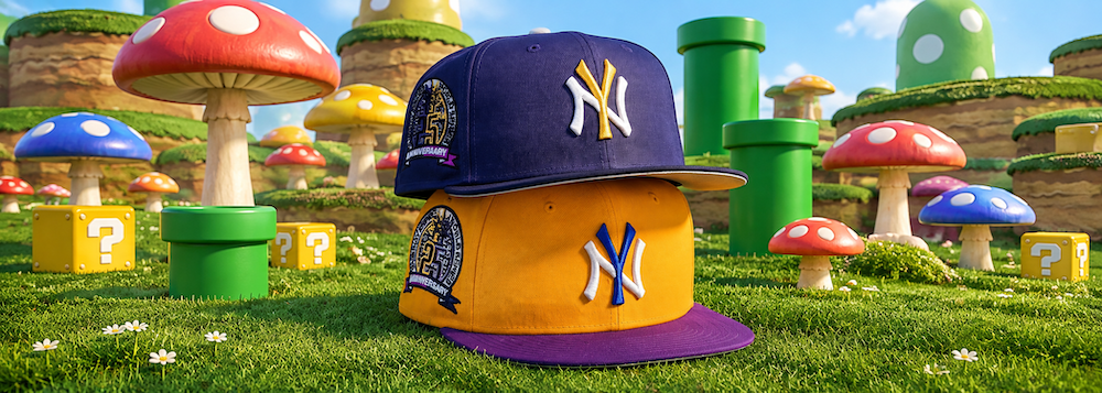 Two New York Yankees snapback caps are displayed in a whimsical, Super Mario-inspired environment with green pipes, red-and-white mushrooms, and question blocks. The top cap is navy blue with a yellow and white NY logo, and the bottom cap is yellow with a purple brim and a blue and white NY logo.